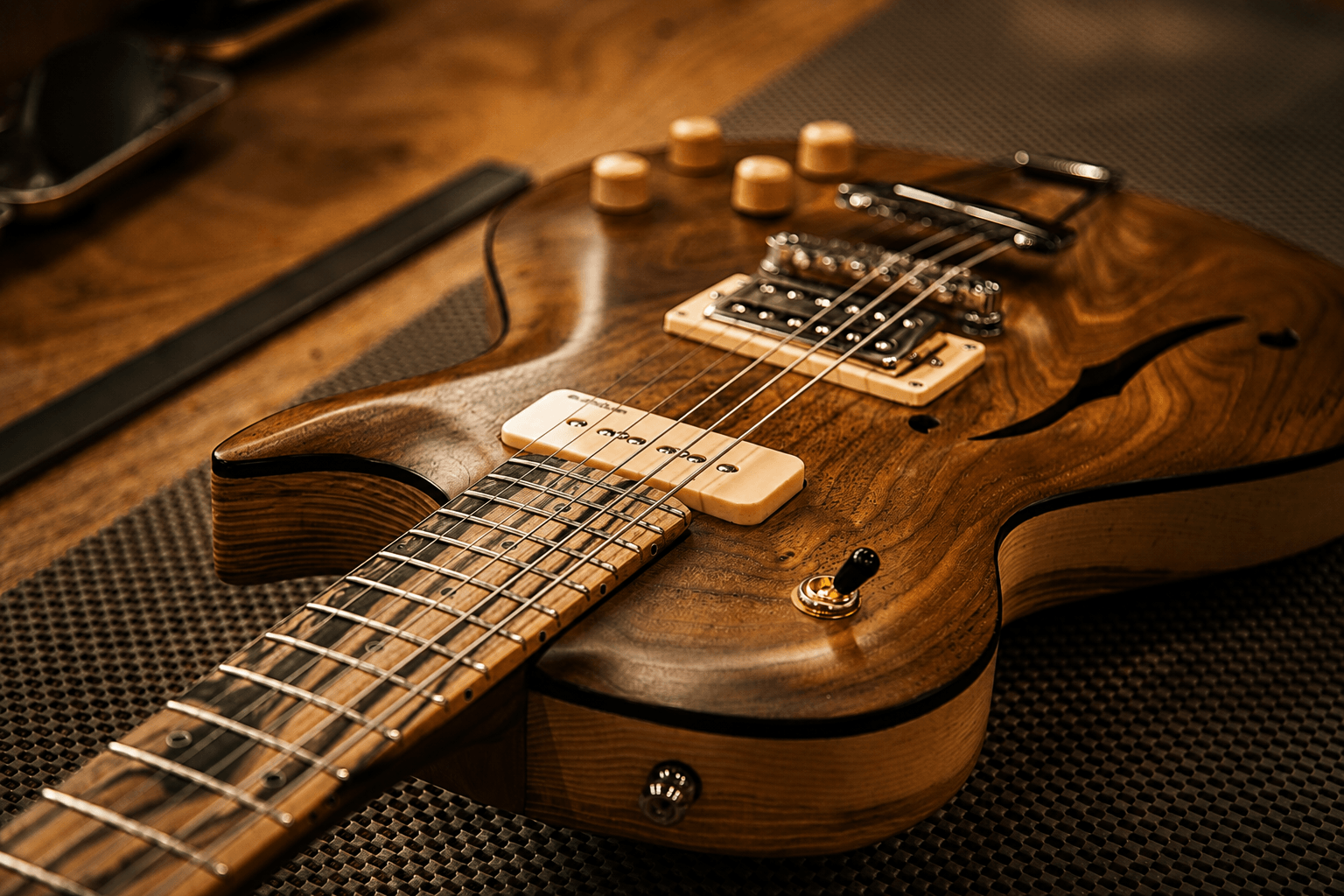 A custom electric guitar on a luthier workbench