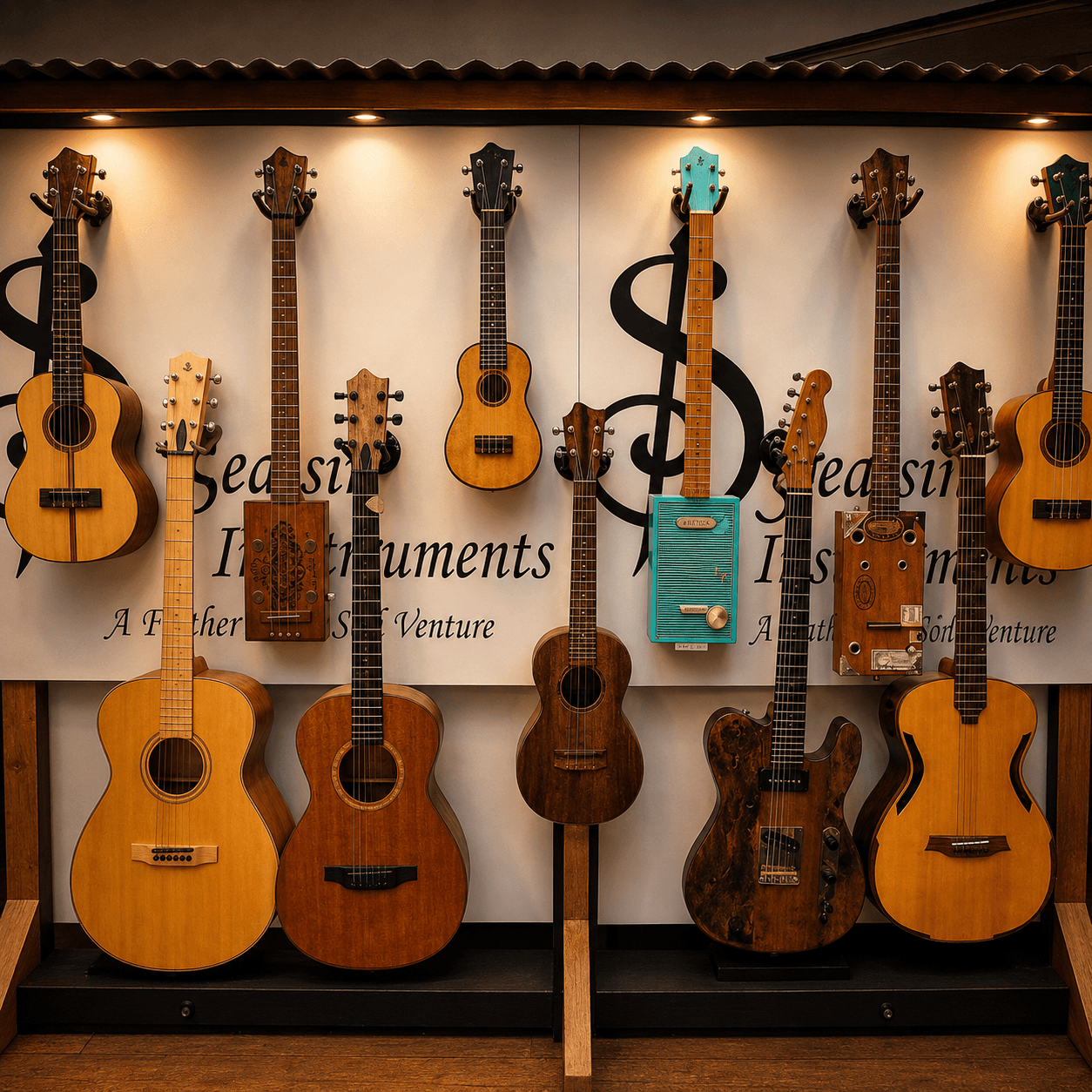 Strasdin Instruments wall display featuring custom guitars and ukuleles