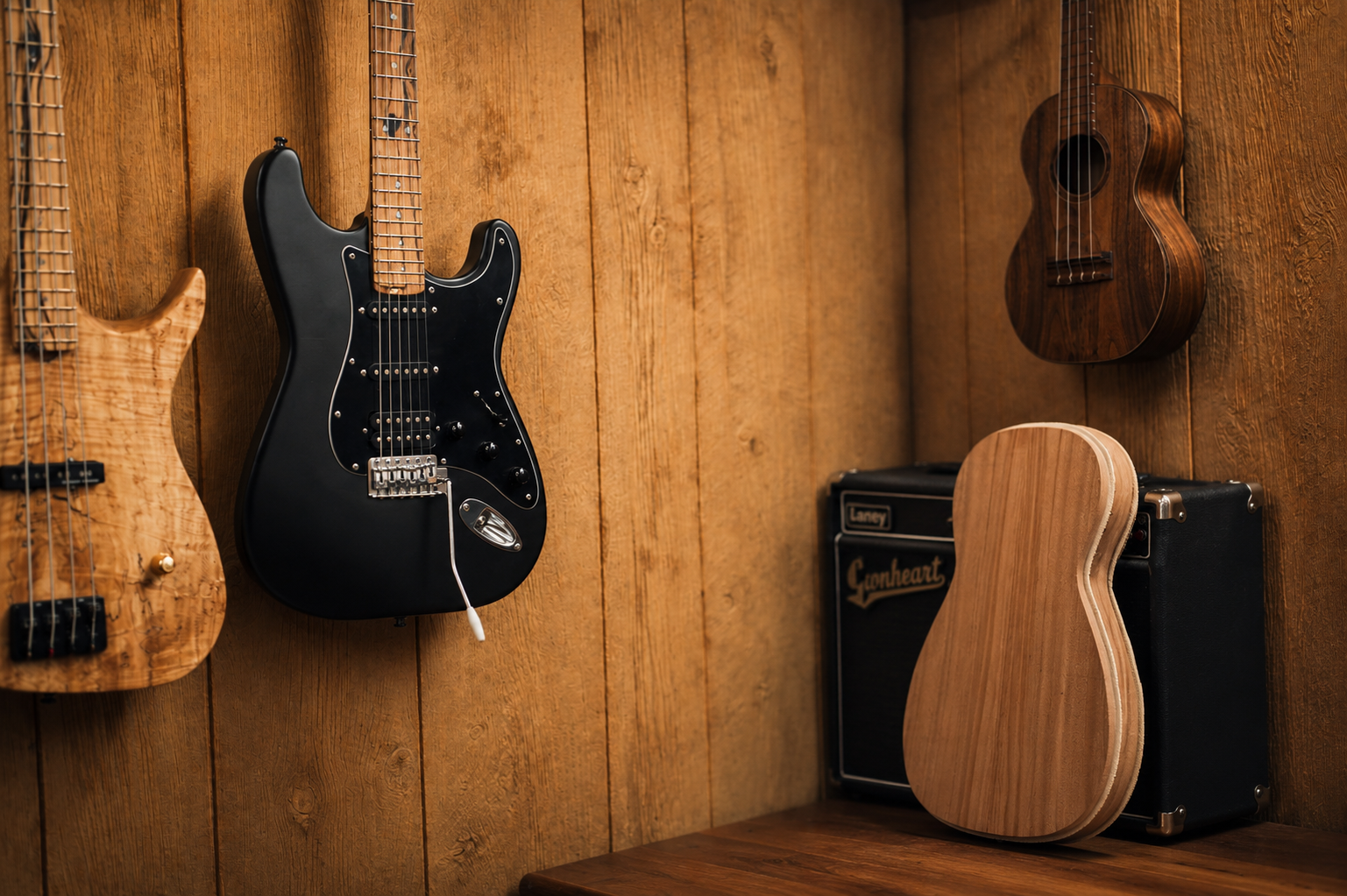 Guitar workshop wall at Strasdin Instruments